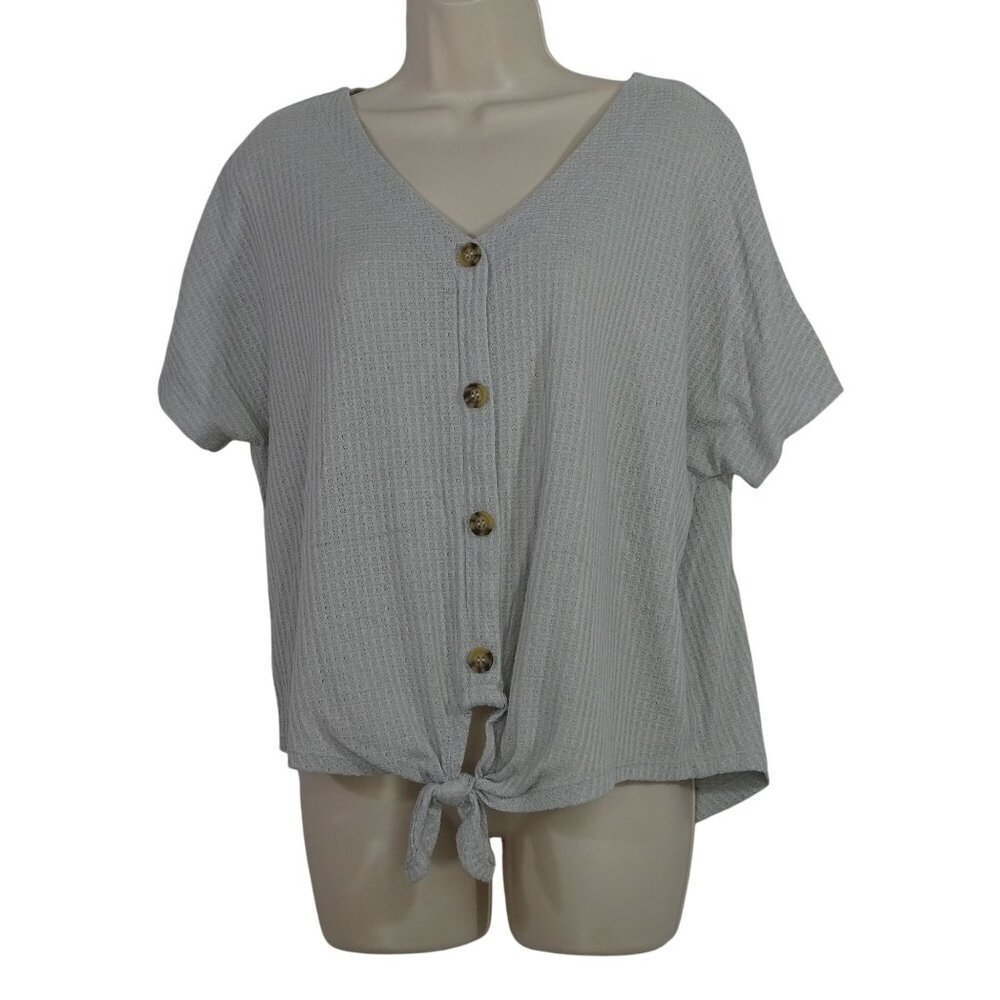Double Zero Gray Waffle Knit V-neck Pullover Top Short Sleeve Shirt Women Size L